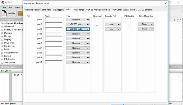 Image for VEX EDR Intro. Configure VEX motors in RobotC programming software